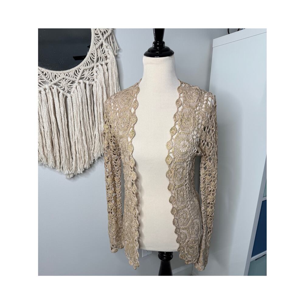 Chico's Women's Gold Metallic Tan Crochet Open Weave Cotton Cardigan Sweater 0/S